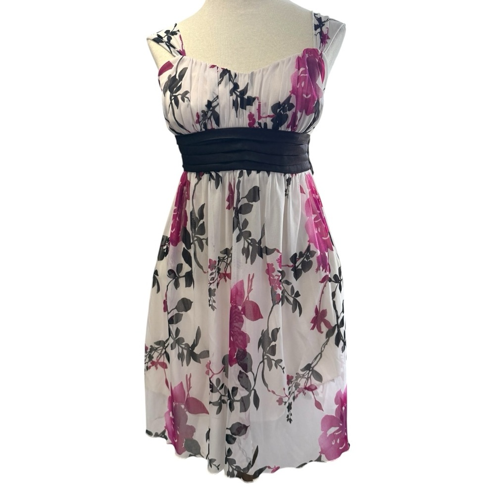 VTG Y2K sweet storm floral mini fitted tied clinch‎ waist dress white black pink